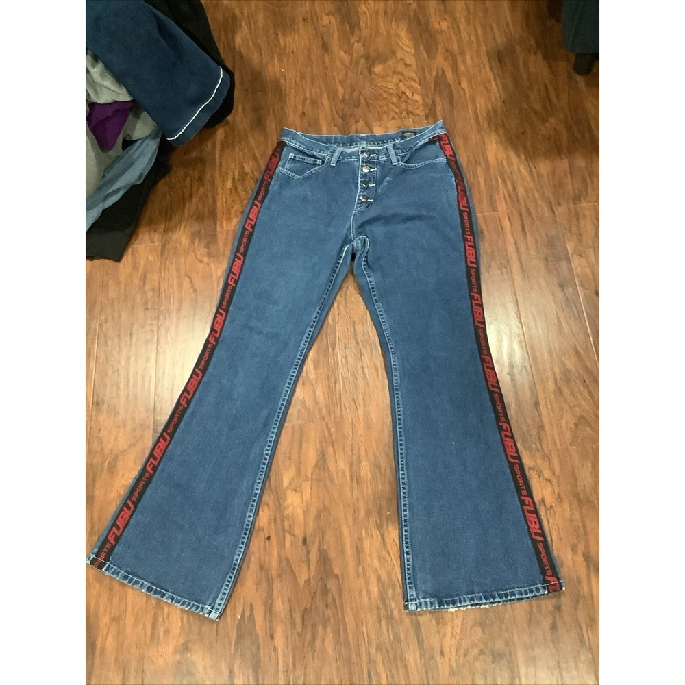 90s y2k FUBU sports black jeans size 13/14 side stripe spellout skater flare VTG